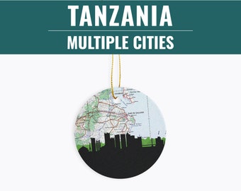 Tanzania Christmas ornament, Dar es Salaam Tanzania ornament, Africa Christmas ornament, Arusha skyline, Tanzania gifts, Tanzania map