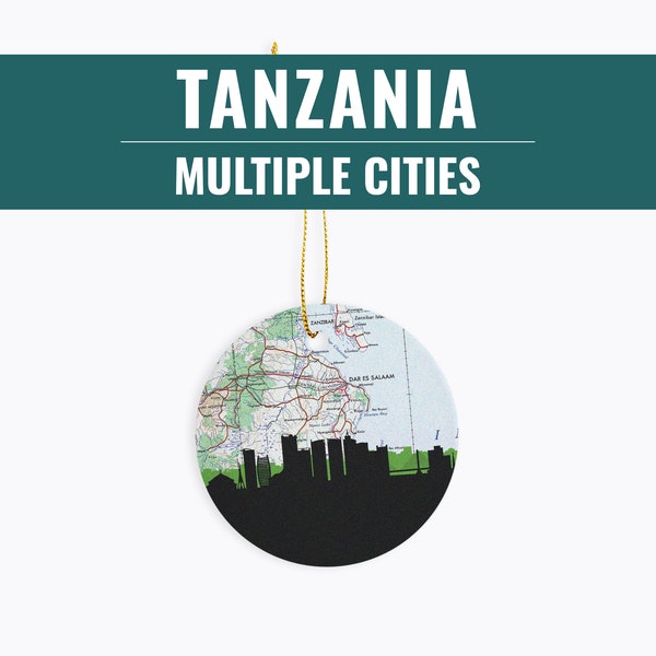 Tanzania Christmas ornament, Dar es Salaam Tanzania ornament, Africa Christmas ornament, Arusha skyline, Tanzania gifts, Tanzania map