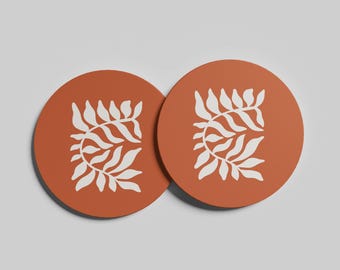 Stone Coaster With Rust Mid Century Leaf Art, Sandstone Cork Backing