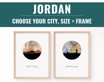 Jordan Travel Poster | Amman & Petra Skyline Art Print