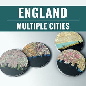 England Map Gifts for Him | Set of 4 Coasters | Unique England Decor | London & Liverpool Designs | Sheffield Christmas Gift