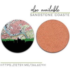 An advertisement for a sandstone coaster shows a circular design with a map and city skyline next to a textured red coaster.