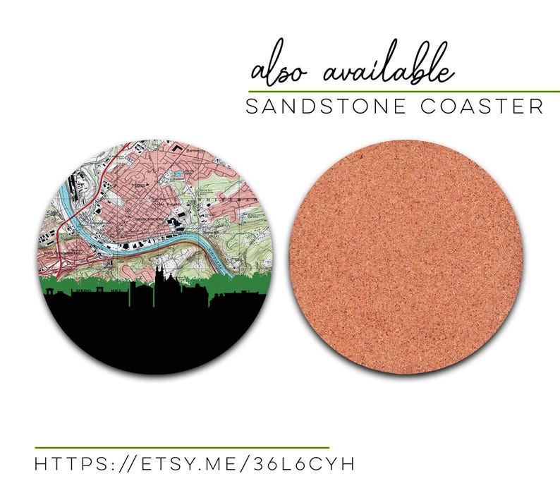 An advertisement for a sandstone coaster shows a circular design with a map and city skyline next to a textured red coaster.