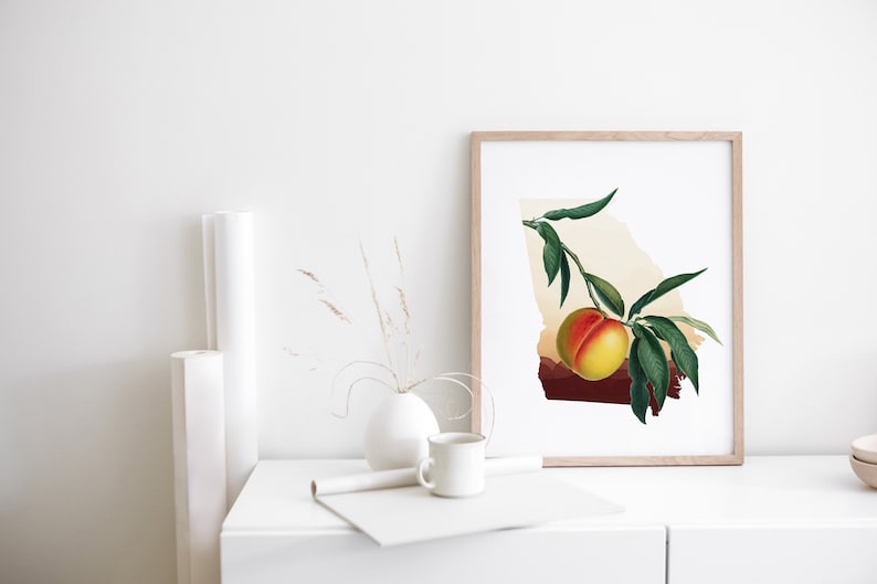 Georgia peach art, state of Georgia peach tree, fruit trees art print, Georgia southern decor, botanical illustration, minimalist artwork image 1