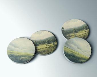 Set of Coasters | Green Watercolor Dreamy Landscapes | Horse & Whiskey Collection | Unique Home Decor Gifts
