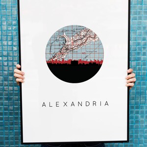 Kaart van Alexandrië, Egypte, kunstafdruk: vintage stad skyline reisposter