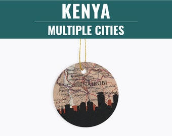 Kenya Christmas Ornament, Vintage Map Skyline, Nairobi Nanyuki