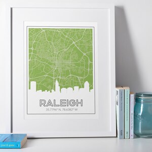 Raleigh NC wall art, Raleigh skyline print, Raleigh NC skyline art, framed Raleigh art print, Raleigh map art, Raleigh city coordinates