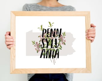 Botanische print met berglaurier: bloemenkunst van de staat Pennsylvania