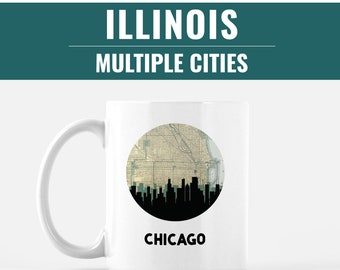 Illinois coffee mug, Chicago city map mug, city skyline mugs for Illinois cities, Springfield Illinois mug, Peoria Illinois city map mug