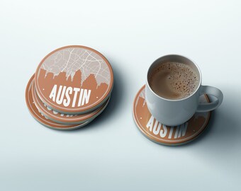 Austin map coaster set, Austin Texas coasters, Austin skyline and Austin map gifts, Austin coasters, Austin Texas gifts