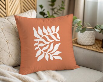 Mid Century Pillow, Rust Botanical Leaf Print 18x18 Inch Double Sided Throw