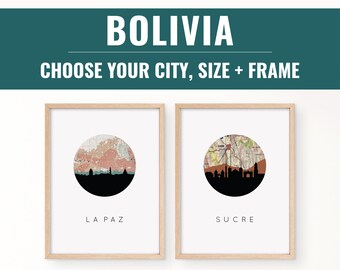 Bolivia Map Art Print: La Paz, Sucre Framed Travel Poster