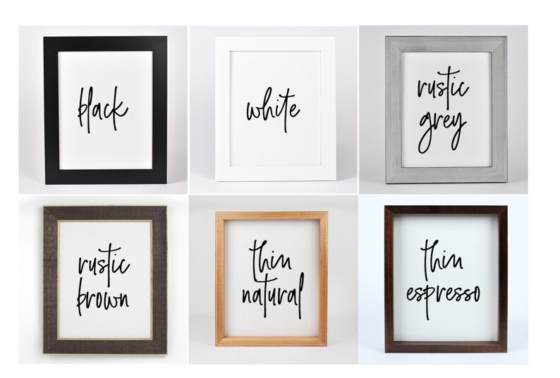 Grid of six framed sample images showing different frame styles labeled black, white, rustic grey, rustic brown, thin natural, and thin espresso.