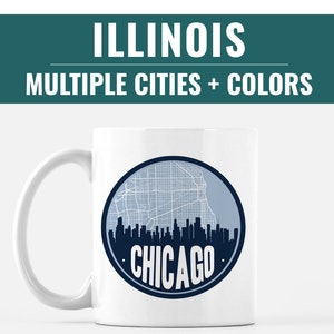 Illinois coffee mug, Chicago city map mug, city skyline mugs for Illinois cities, Springfield Illinois mug, Peoria Illinois city map mug