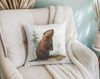Throw Pillow, 18x18-Inch Beaver Illustration in Faux Linen, Double-Sided Print