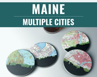 Maine City Map Coaster Set: Portland, Bar Harbor, Lewiston
