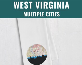 West Virginia tea towel, West Virginia gifts, Morgantown WV skyline, Wheeling West Virginia home decor, Clarksburg wv gifts, Parkersburg wv
