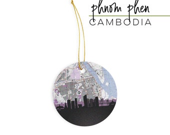 Phnom Penh Cambodia ornament, map Christmas ornament, Asian Christmas tree ornament, Cambodian map, gift for traveler, Asian holiday decor