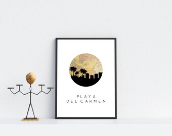 Mexico Travel Poster, Playa Del Carmen City Skyline Print on Archival Paper