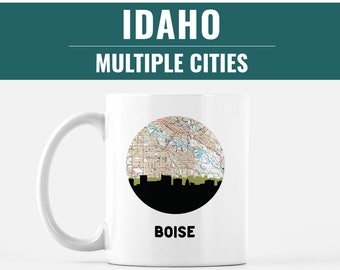 Idaho coffee mug, Idaho cities skyline mugs, Idaho mug, Boise Idaho Christmas gift, Coeur dAlene Idaho map gift, Nampa Idaho coffee mug