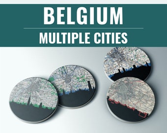 Belgium coasters set, Belgium drink coasters, Belgium coasters, Belgium city map coasters, Belgium gifts, Belgium bar gifts