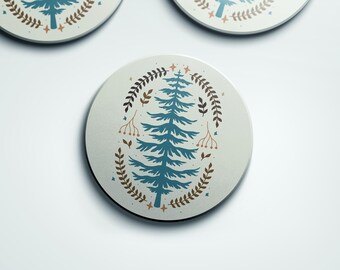 Stone Coaster with Douglas Fir Folk Art, 4-Inch Sandstone Cork Backing