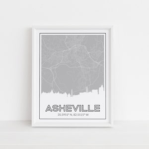 Asheville NC wall art, Asheville skyline print, Asheville skyline art, framed Asheville print, Asheville map art, Asheville city coordinates