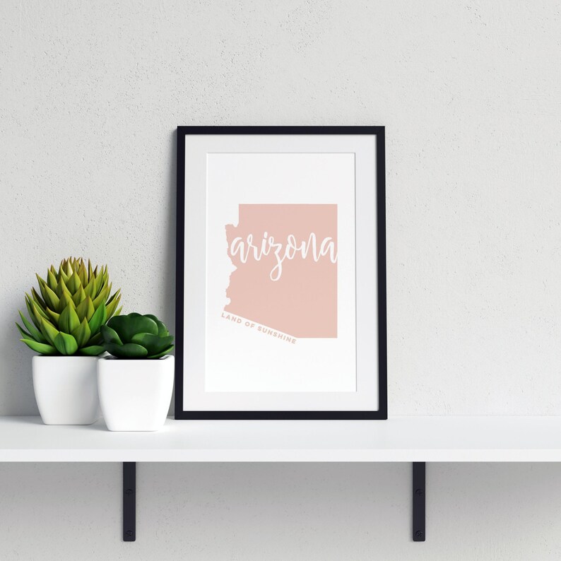 Op de afbeelding: Een ingelijste print met de omtrek van Arizona in een zachte roze tint, met het woord "arizona" in een cursief lettertype. Daaronder staat de tekst "LAND OF SUNSHINE". De print staat op een witte plank met twee pot-vetplanten.