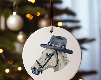 Dapper Horse Christmas Ornament: Cowboy Hat Ceramic Decor