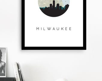 Milwaukee Map Skyline Art Print, Archival Paper Vintage Map