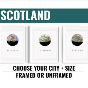 Póster de Escocia: impresionantes horizontes y mapas de ciudades. Disponible para varias ciudades. Arte mural perfecto para la decoración del hogar.