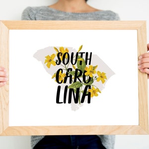 South Carolina home decor, state botanical print, South Carolina art, yellow jessamine poster, yellow decor, SC housewarming gift, florals