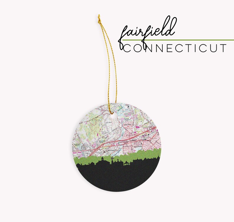 Fairfield Connecticut Christmas ornament with the Fairfield skyline and a Fairfield Connecticut map. 100% ceramic and comes with a gold string. Available in other Connecticut cities. Designed by www.etsy.com/shop/paperfinchdesign