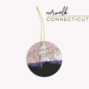 Norwalk Connecticut Christmas ornament with the Norwalk skyline and a Norwalk Connecticut map. 100% ceramic and comes with a gold string. Available in other Connecticut cities. Designed by www.etsy.com/shop/paperfinchdesign