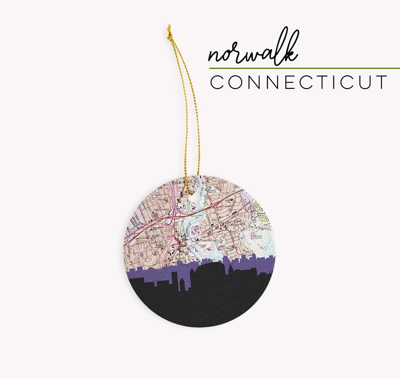 Norwalk Connecticut Christmas ornament with the Norwalk skyline and a Norwalk Connecticut map. 100% ceramic and comes with a gold string. Available in other Connecticut cities. Designed by www.etsy.com/shop/paperfinchdesign