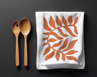 Tea Towel With Mid Century Leaf Print, 100% Cotton Kitchen Rust Botanical Design