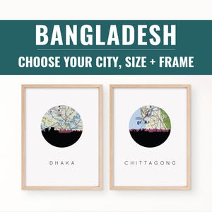 Arte del Bangladesh: stampa della mappa di Chittagong e Dhaka, poster di viaggio incorniciato, arte murale dell&#39;Asia, arredamento unico per la casa