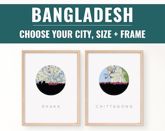 Mapa impreso de ciudades de Bangladesh: Chittagong y Dhaka. Póster turístico enmarcado.