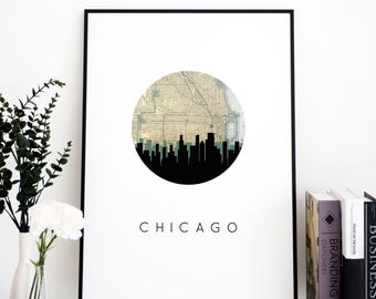 Impresión artística del mapa de Chicago / Decoración de pared urbana y del horizonte de Chicago / Impresión del mapa de la sala de estar / Obra de arte única de Chicago, Illinois