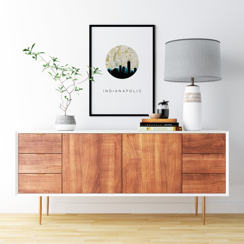 Indianapolis Indiana art print featuring the Indianapolis skyline and an Indianapolis Indiana city map. Available in several cities and frame options. Indianapolis Indiana shown in a black frame. Designed by www.etsy.com/shop/paperfinchdesign