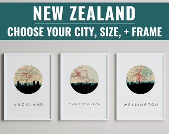 New Zealand City Map Art Print: Auckland, Christchurch, Wellington