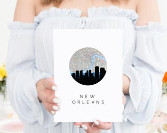 New Orleans Print, Fine Art Paper City Map With Skyline | Framed Or Unframed