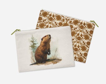 Zipper Pouch with Beaver Illustration, 8.5 x 6 Inch Spun Polyester Accessory