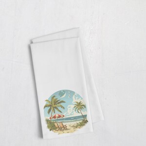 Tropical Dish Towel - Striped Umbrella & Chairs, Cotton Kitchen Towel, Perfect Gift for Beach Lovers and Home Decor