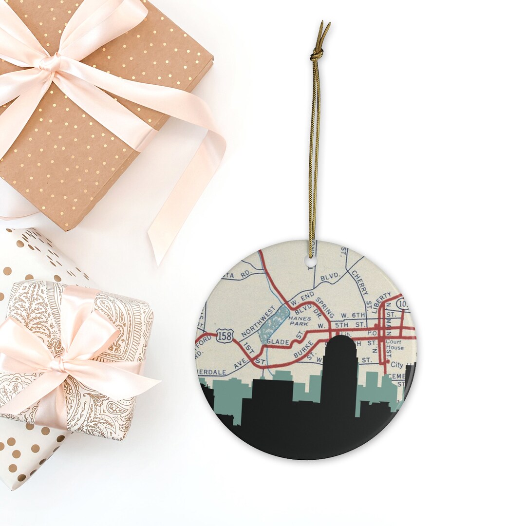 Winston Salem, North Carolina Skyline Ceramic Christmas Ornament, North