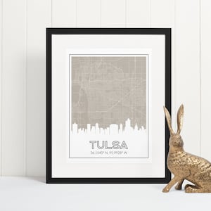 Tulsa map art print, Tulsa Oklahoma wall art, Tulsa OK map with custom color, framed art or unframed art print, Tulsa skyline
