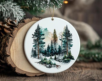 Ceramic Ornament, 3-Inch Round Snowy Forest Art with Gold Hanging String