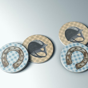 Horse Lover Gift - Equestrian Themed Coaster Set with Helmet & Horseshoes | Horse + Whiskey Collection for Riders