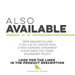 Graphic text listing alternative product options including pillows, coffee mugs, and ornaments, with a green bird logo.